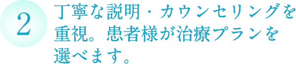 丁寧な説明・カウンセリングを 重視。患者様が治療プランを 選べます。